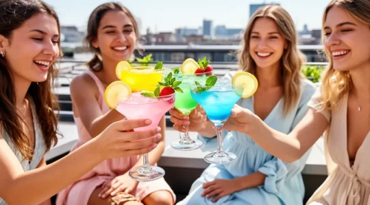 Groupe de jeunes femmes trinquant sur une terrasse rooftop avec vue sur Barcelone