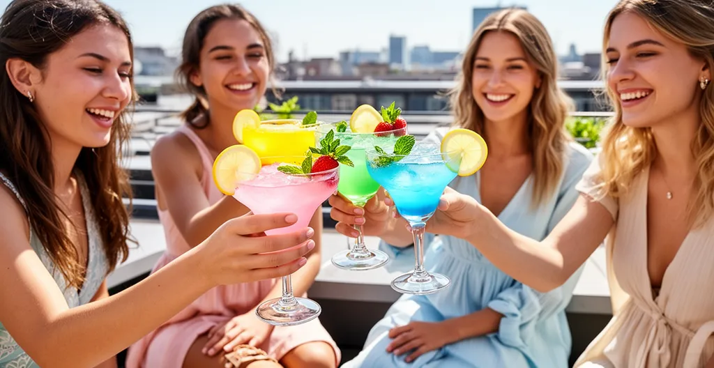 Groupe de jeunes femmes trinquant sur une terrasse rooftop avec vue sur Barcelone